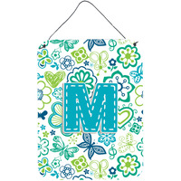 "Caroline's Treasures CJ2006-MDS1216 Letter M Flowers and Butterflies Teal Blue Wall or Door Hanging Prints, 16 x 12"", Multicolor"