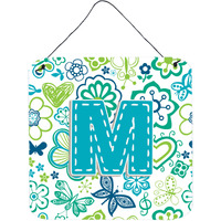 "Caroline's Treasures Letter M Flowers and Butterflies Teal Blue Wall or Door Hanging Prints, 6 x 6"""
