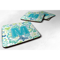 "Caroline's Treasures CJ2006-MFC Letter M Flowers and Butterflies Teal Blue Foam Coasters (Set of 4), 3.5"", Multicolor"