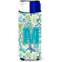 Letter M Flowers and Butterflies Teal Blue Ultra Beverage Insulators for slim cans CJ2006-MMUK