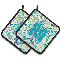 "Caroline's Treasures Letter M Flowers & Butterflies Teal Blue Pair of Pot Holders CJ2006-MPTHD, 7.5HX7.5W, Multicolor"