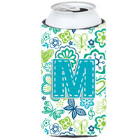 Letter M Flowers and Butterflies Teal Blue Tall Boy Beverage Insulator Hugger CJ2006-MTBC