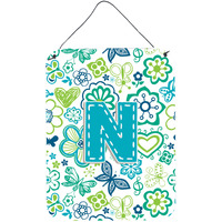 "Caroline's Treasures CJ2006-NDS1216 Letter N Flowers and Butterflies Teal Blue Wall or Door Hanging Prints, 16 x 12"", Multicolor"