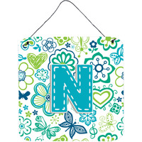 "Caroline's Treasures Letter N Flowers and Butterflies Teal Blue Wall or Door Hanging Prints, 6 x 6"""
