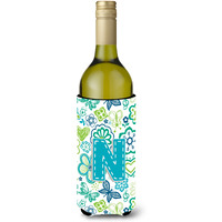 Letter N Flowers and Butterflies Teal Blue Wine Bottle Beverage Insulator Hugger CJ2006-NLITERK