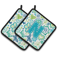 "Caroline's Treasures Letter N Flowers & Butterflies Teal Blue Pair of Pot Holders CJ2006-NPTHD, 7.5HX7.5W, Multicolor"