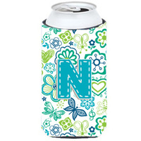 Letter N Flowers and Butterflies Teal Blue Tall Boy Beverage Insulator Hugger CJ2006-NTBC