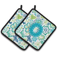 "Caroline's Treasures Letter O Flowers & Butterflies Teal Blue Pair of Pot Holders CJ2006-OPTHD, 7.5HX7.5W, Multicolor"