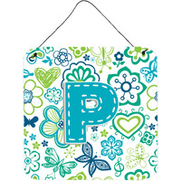 "Caroline's Treasures Letter P Flowers and Butterflies Teal Blue Wall or Door Hanging Prints, 6 x 6"""