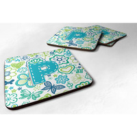 "Caroline's Treasures CJ2006-PFC Letter P Flowers and Butterflies Teal Blue Foam Coasters (Set of 4), 3.5"", Multicolor"