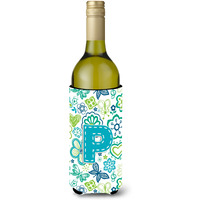 Letter P Flowers and Butterflies Teal Blue Wine Bottle Beverage Insulator Hugger CJ2006-PLITERK
