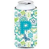Letter P Flowers and Butterflies Teal Blue Tall Boy Beverage Insulator Hugger CJ2006-PTBC