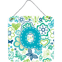 "Caroline's Treasures Letter Q Flowers and Butterflies Teal Blue Wall or Door Hanging Prints, 6 x 6"""