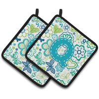 "Caroline's Treasures Letter Q Flowers & Butterflies Teal Blue Pair of Pot Holders CJ2006-QPTHD, 7.5HX7.5W, Multicolor"