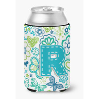 Letter R Flowers and Butterflies Teal Blue Can or Bottle Hugger CJ2006-RCC