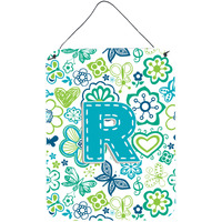 "Caroline's Treasures CJ2006-RDS1216 Letter R Flowers and Butterflies Teal Blue Wall or Door Hanging Prints, 16 x 12"", Multicolor"