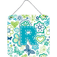 "Caroline's Treasures Letter R Flowers and Butterflies Teal Blue Wall or Door Hanging Prints, 6 x 6"""