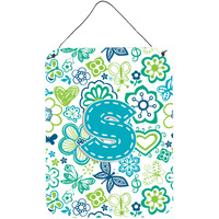 "Caroline's Treasures CJ2006-SDS1216 Letter S Flowers and Butterflies Teal Blue Wall or Door Hanging Prints, 16 x 12"", Multicolor"