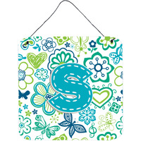 "Caroline's Treasures Letter S Flowers and Butterflies Teal Blue Wall or Door Hanging Prints, 6 x 6"""