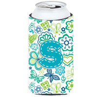 Letter S Flowers and Butterflies Teal Blue Tall Boy Beverage Insulator Hugger CJ2006-STBC