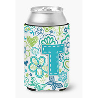 Letter T Flowers and Butterflies Teal Blue Can or Bottle Hugger CJ2006-TCC