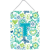 "Caroline's Treasures CJ2006-TDS1216 Letter T Flowers and Butterflies Teal Blue Wall or Door Hanging Prints, 16 x 12"", Multicolor"