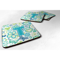"Caroline's Treasures CJ2006-TFC Letter T Flowers and Butterflies Teal Blue Foam Coasters (Set of 4), 3.5"", Multicolor"