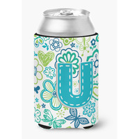 Letter U Flowers and Butterflies Teal Blue Can or Bottle Hugger CJ2006-UCC