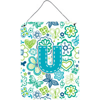 "Caroline's Treasures CJ2006-UDS1216 Letter U Flowers and Butterflies Teal Blue Wall or Door Hanging Prints, 16 x 12"", Multicolor"