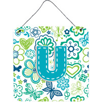 "Caroline's Treasures Letter U Flowers and Butterflies Teal Blue Wall or Door Hanging Prints, 6 x 6"""