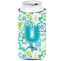 Letter U Flowers and Butterflies Teal Blue Tall Boy Beverage Insulator Hugger CJ2006-UTBC