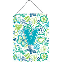 "Caroline's Treasures CJ2006-VDS1216 Letter V Flowers and Butterflies Teal Blue Wall or Door Hanging Prints, 16 x 12"", Multicolor"