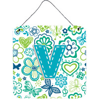 "Caroline's Treasures Letter V Flowers and Butterflies Teal Blue Wall or Door Hanging Prints, 6 x 6"""