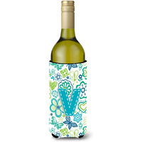 Letter V Flowers and Butterflies Teal Blue Wine Bottle Beverage Insulator Hugger CJ2006-VLITERK