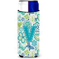 Letter V Flowers and Butterflies Teal Blue Ultra Beverage Insulators for slim cans CJ2006-VMUK