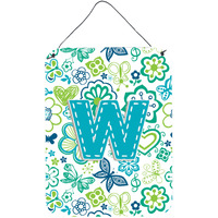 "Caroline's Treasures CJ2006-WDS1216 Letter W Flowers and Butterflies Teal Blue Wall or Door Hanging Prints, 16 x 12"", Multicolor"