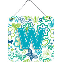 "Caroline's Treasures Letter W Flowers and Butterflies Teal Blue Wall or Door Hanging Prints, 6 x 6"""