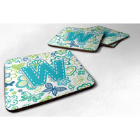 "Caroline's Treasures CJ2006-WFC Letter W Flowers and Butterflies Teal Blue Foam Coasters (Set of 4), 3.5"", Multicolor"