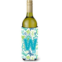 Letter W Flowers and Butterflies Teal Blue Wine Bottle Beverage Insulator Hugger CJ2006-WLITERK