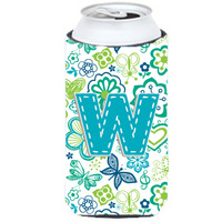 Letter W Flowers and Butterflies Teal Blue Tall Boy Beverage Insulator Hugger CJ2006-WTBC