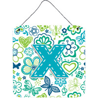 "Caroline's Treasures Letter X Flowers and Butterflies Teal Blue Wall or Door Hanging Prints, 6 x 6"""