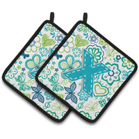 "Caroline's Treasures Letter x Flowers & Butterflies Teal Blue Pair of Pot Holders CJ2006-XPTHD, 7.5HX7.5W, Multicolor"