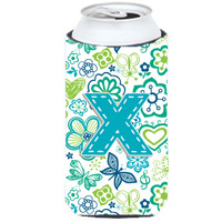 Letter X Flowers and Butterflies Teal Blue Tall Boy Beverage Insulator Hugger CJ2006-XTBC