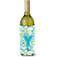 Letter Y Flowers and Butterflies Teal Blue Wine Bottle Beverage Insulator Hugger CJ2006-YLITERK