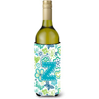 Letter Z Flowers and Butterflies Teal Blue Wine Bottle Beverage Insulator Hugger CJ2006-ZLITERK