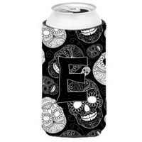 Letter E Day of the Dead Skulls Black Tall Boy Beverage Insulator Hugger CJ2008-ETBC