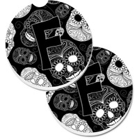 "Caroline's Treasures Letter F Day of The Dead Skulls black Set of 2 Cup Holder Car Coasters CJ2008-FCARC, 2.56, Multicolor"