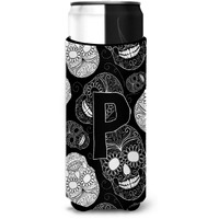 Letter P Day of the Dead Skulls Black Ultra Beverage Insulators for slim cans CJ2008-PMUK
