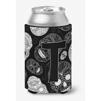 Letter T Day of the Dead Skulls Black Can or Bottle Hugger CJ2008-TCC