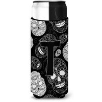 Letter T Day of the Dead Skulls Black Ultra Beverage Insulators for slim cans CJ2008-TMUK